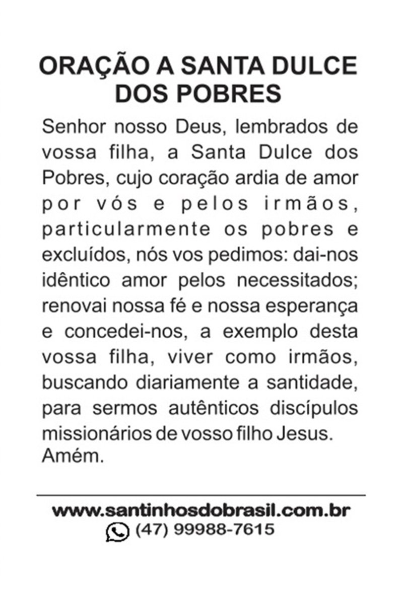 Santinhos Santa Dulce dos Pobres (oração verso) - 7x10 cm