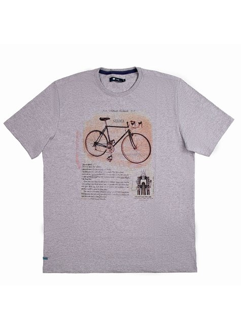 Camiseta Masculina em Malha Mescla Claro Estampa Retrô Bike Camiseta Masculina em Malha Mescla Claro Estampa Retrô Bike