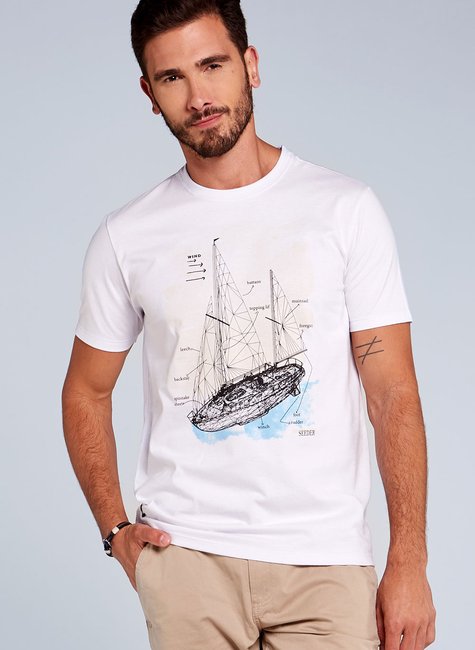 Camiseta Masculina Branca Estampa Veleiros Camiseta Masculina Branca Estampa Veleiros