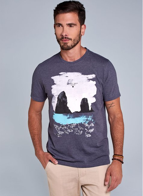 Camiseta Masculina Estampa Praias da Tailândia - Marinho Mescla Camiseta Masculina Estampa Praias da Tailândia - Marinho Mescla