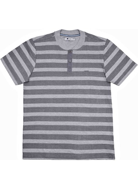 Camiseta Masculina em Malha Flamê Mescla Claro com Listras Pretas Camiseta Masculina em Malha Flamê Mescla Claro com Listras Pretas