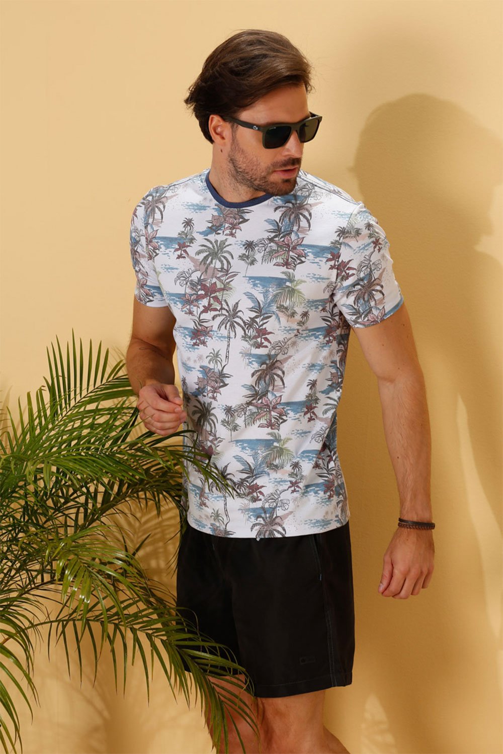 camiseta masculina meia malha estampada coqueiros ilha colorida se0301162 2