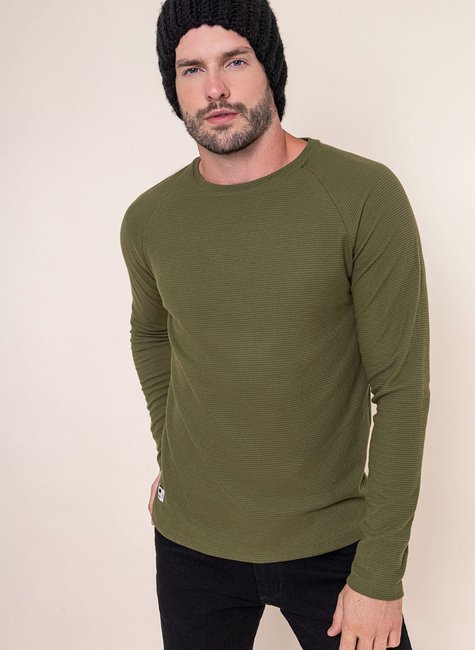 Camiseta Masculina Manga Longa Malha Canelada Verde Camiseta Masculina Manga Longa Malha Canelada Verde