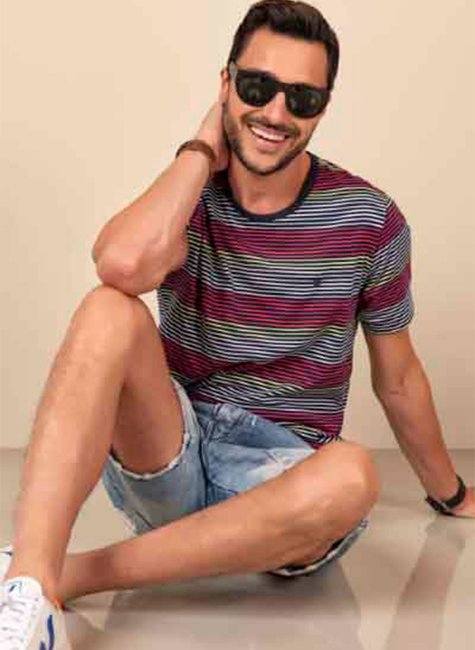 Camiseta Masculina Malha Listrada Marinho Colorido Camiseta Masculina Malha Listrada Marinho Colorido