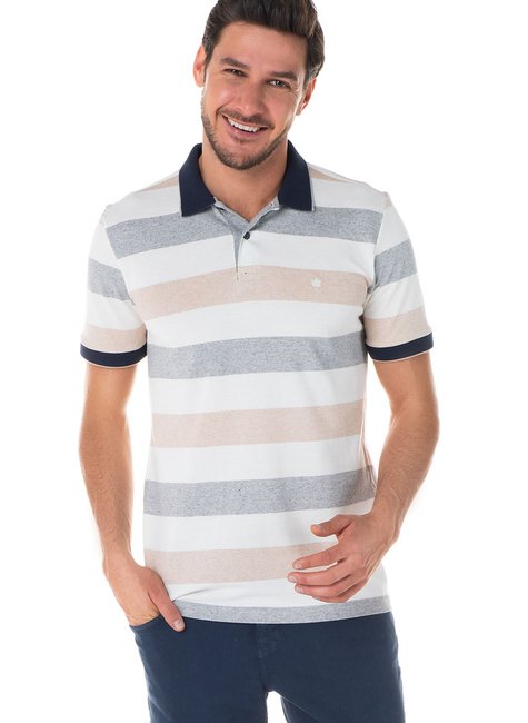 Polo Masculina Piquet Listrado Cor Bege e Mescla Polo Masculina Piquet Listrado Cor Bege e Mescla