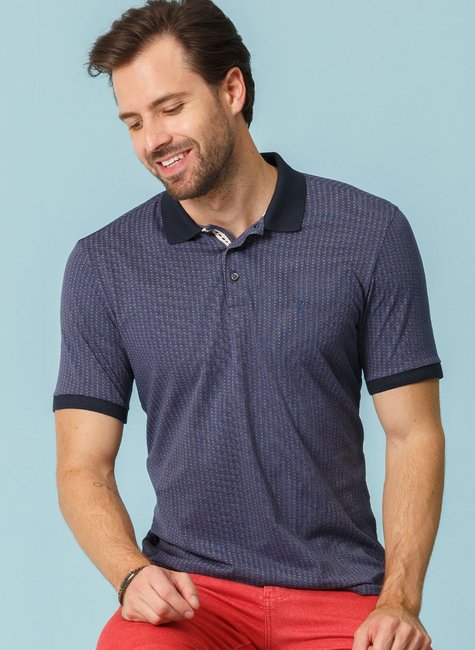Polo Masculina em Malha Jacquard Maquinetada Azul Marinho Polo Masculina em Malha Jacquard Maquinetada Azul Marinho