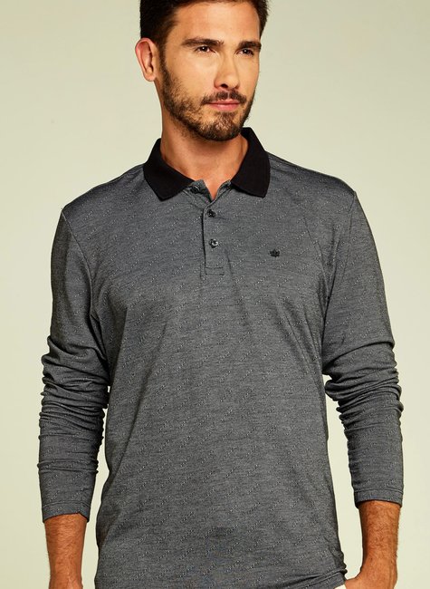 Polo Masculina Manga Longa Maquinetada Jacquard Preta Polo Masculina Manga Longa Maquinetada Jacquard Preta