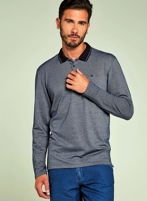Polo Masculina Manga Longa Maquinetada Jacquard Marinho Polo Masculina Manga Longa Maquinetada Jacquard Marinho