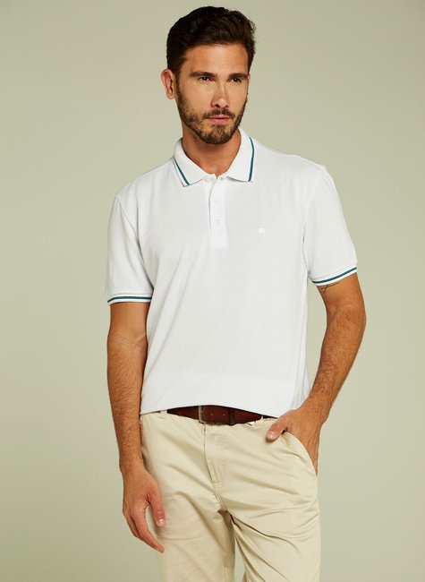 Polo Masculina em Piquet com Gola Listras Branco com Marinho Polo Masculina em Piquet com Gola Listras Branco com Marinho