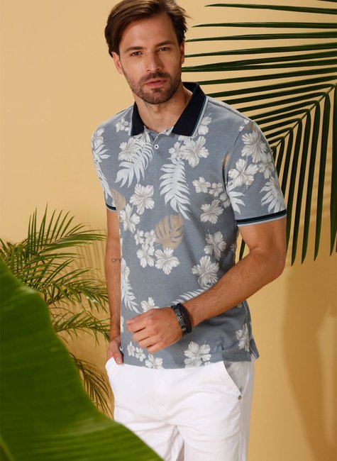 Polo Masculina Slim Fit Piquet Estampado Fundo Azul Marinho Polo Masculina Slim Fit Piquet Estampado Fundo Azul Marinho