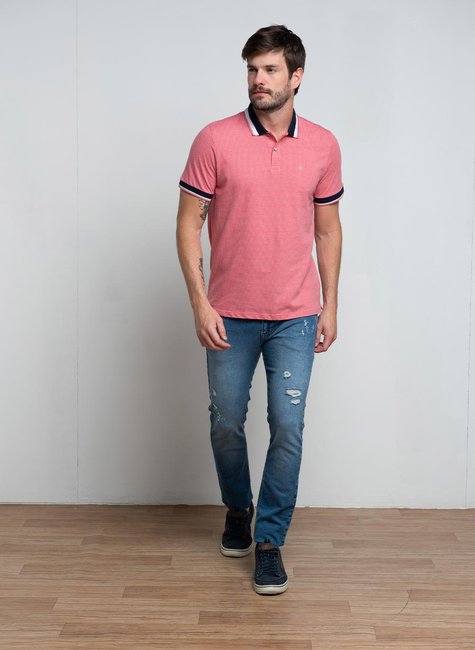 Polo Masculina de Malha Maquinetada Rosa com Branco e gola listrada Polo Masculina de Malha Maquinetada Rosa com Branco e gola listrada