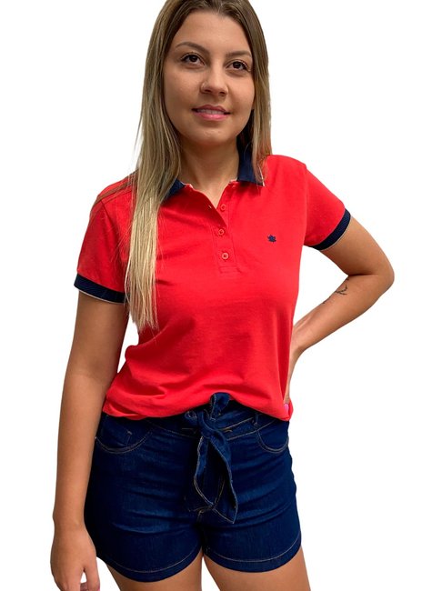 Polo Feminina Piquet Vermelho com Gola Marinho Polo Feminina Piquet Vermelho com Gola Marinho