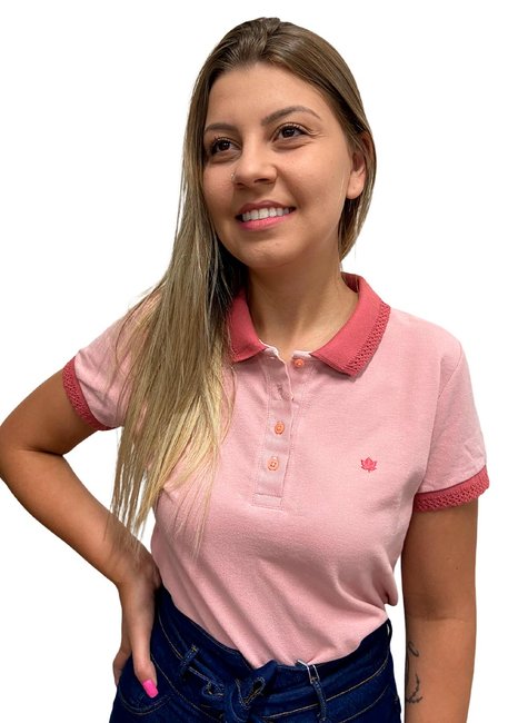 Polo Feminina Piquet Rosa Claro com Gola Crochê Rosê Polo Feminina Piquet Rosa Claro com Gola Crochê Rosê