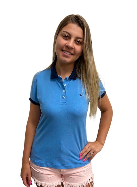 Polo Feminina Piquet Azul Médio com Gola Marinho Polo Feminina Piquet Azul Médio com Gola Marinho