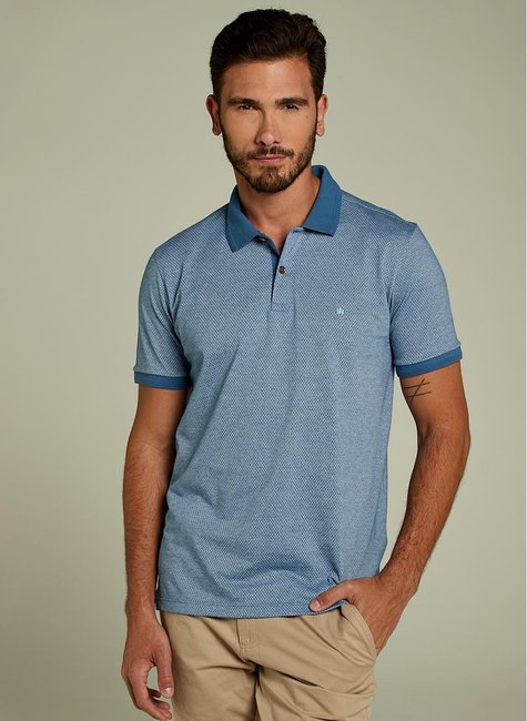 Polo Masculina Malha Jaquard Maquinetada Azul Médio Polo Masculina Malha Jaquard Maquinetada Azul Médio