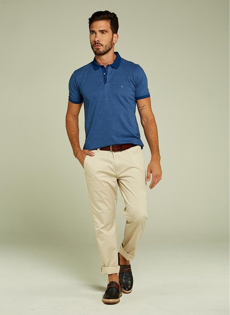 Polo Masculina Piquet Com Peitilho Diferenciado - Cor Azul Mescla Polo Masculina Piquet Com Peitilho Diferenciado - Cor Azul Mescla