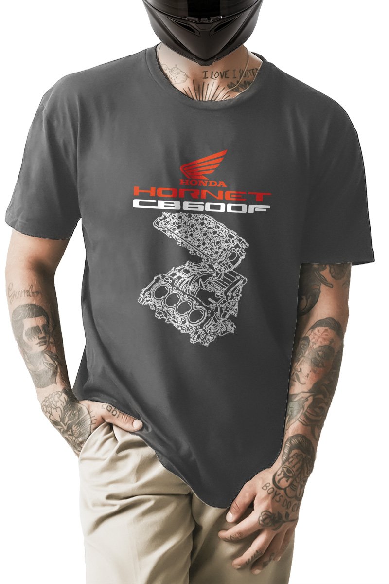 Camiseta T shirt Masculina Moto Honda Hornet CB600F Red Cinza