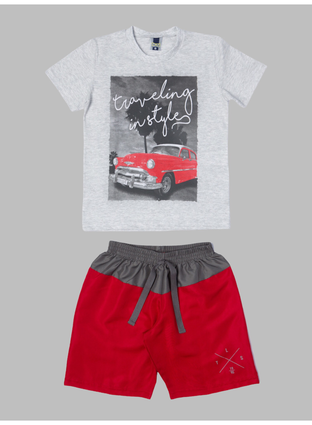 Conjunto Camiseta Meia Malha Carros e Bermuda Tactel Lisa Infantil  Masculino Mescla e Vermelho