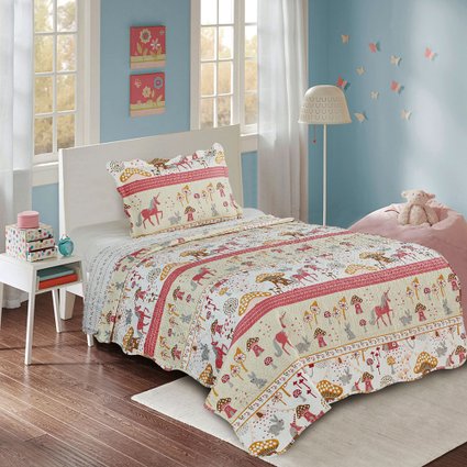 Kit Colcha Patchwork Solteiro 2 peças Microfibra Cogumelos e Unicórnios