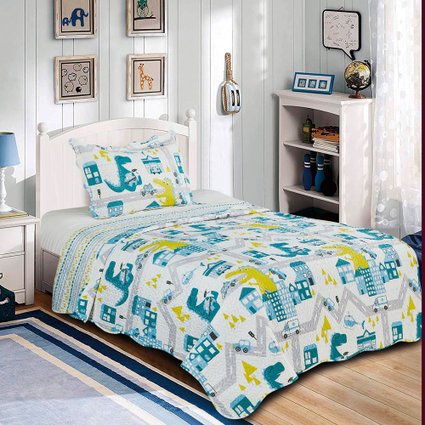 Kit Colcha Evolution Patchwork Solteiro 2 peças Microfibra Dinos