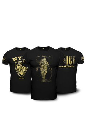 Kit 3 Camisetas Militares Pretas em Algodão NYPD - TeamSix