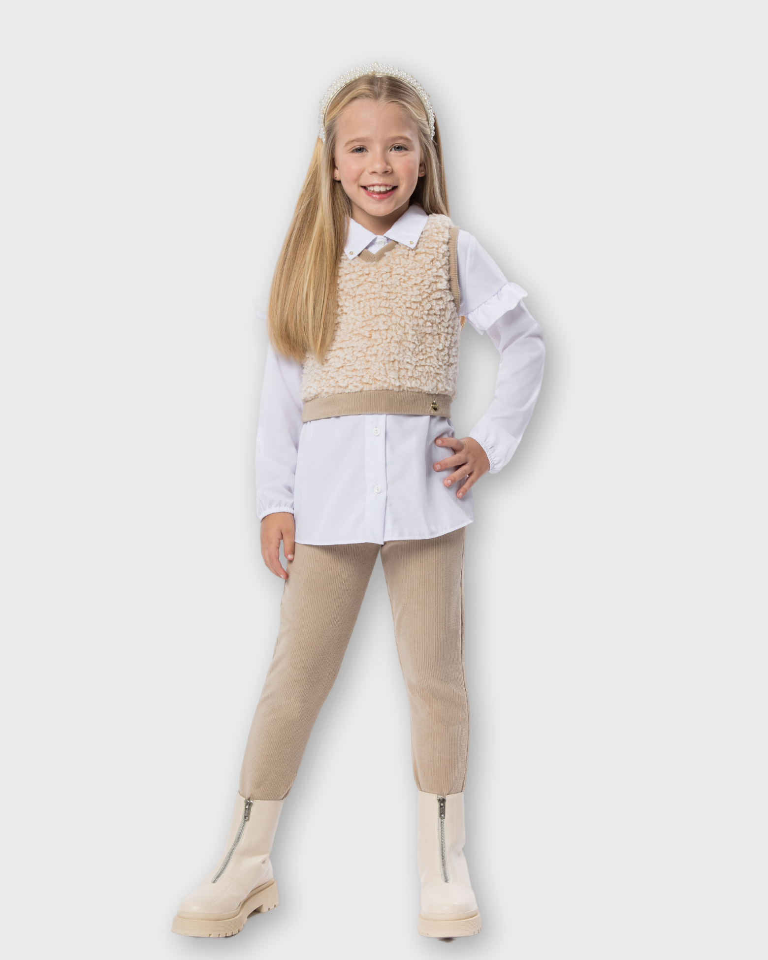 Triconjunto de Roupa Infantil Colete Camisa Tecido Sherpa Legging Cotelê- Menina