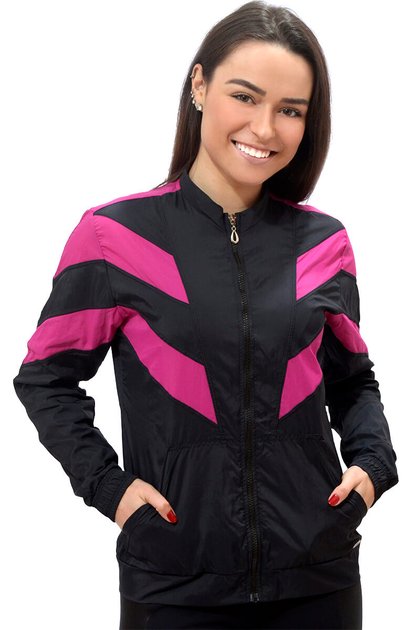 y99r7c jaqueta corta vento recortes top model preto rosa pink f2