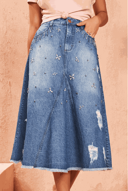Saia Jeans Com Lavagem Hyper Destroyed Com Rasgados E Aplica o De