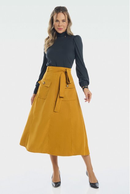 Saia Midi Com Bolso Frontal Mostarda Via Tolentino