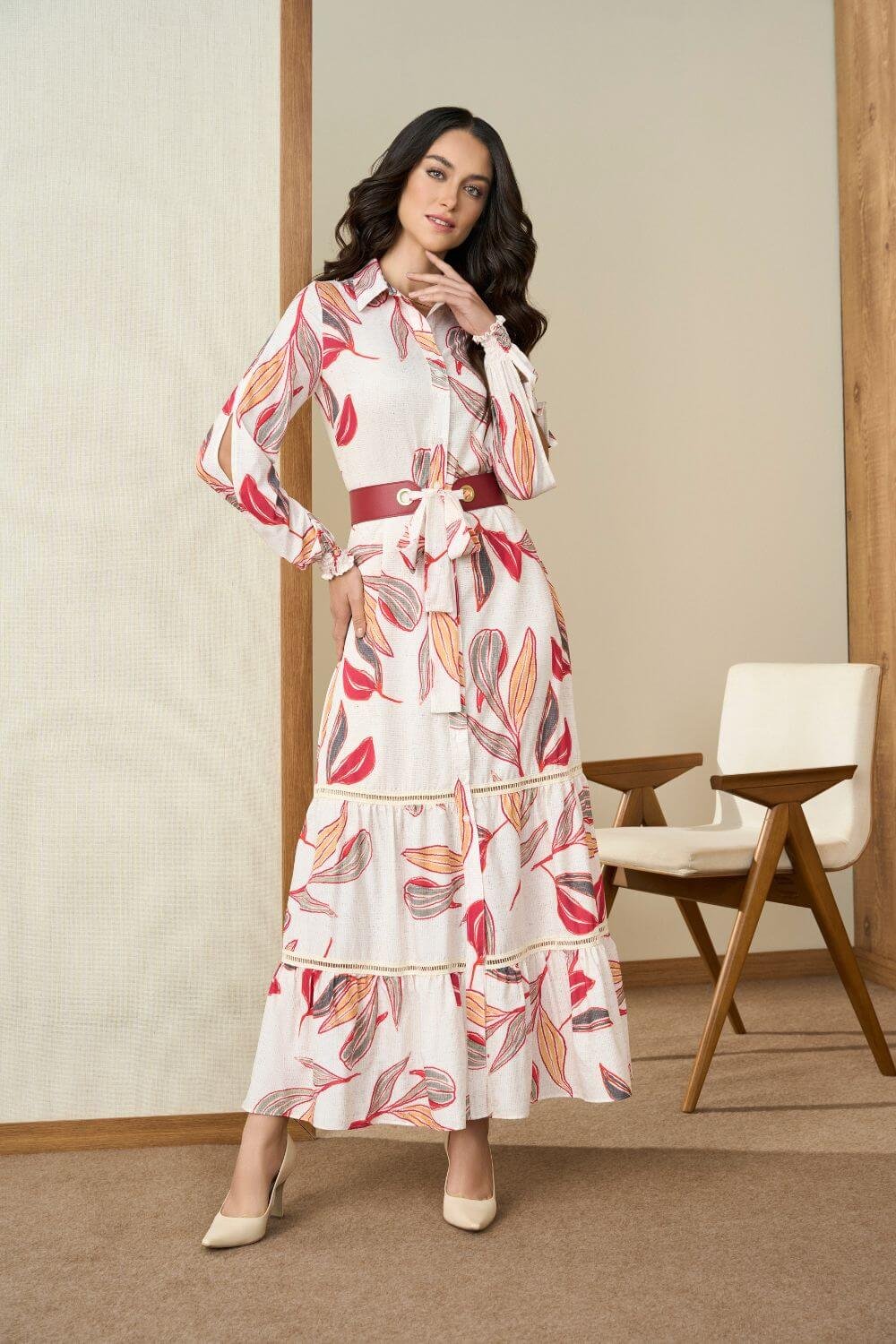 Vestido de camisa longo estilo vintage feminino floral estampado 3