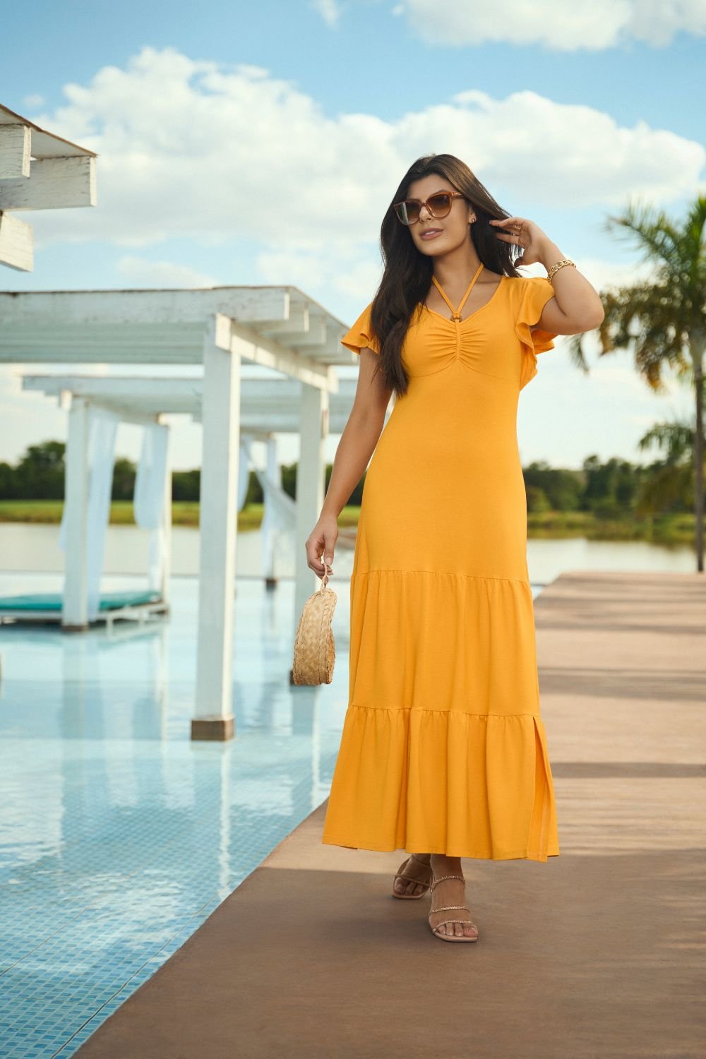 Vestido Longo Crepe Textura Xadrez Laranja