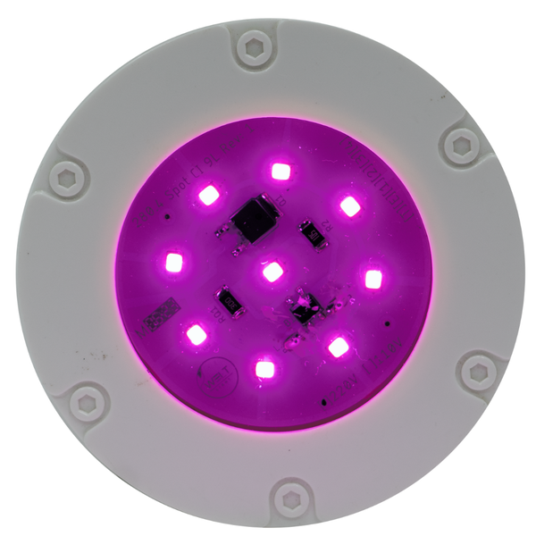 mini refletor led decorativo 9 leds lente lilas roxo led base branca ligado