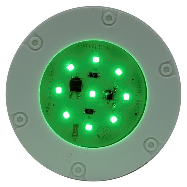 mini refletor led decorativo 9 leds lente verde led base branca ligado