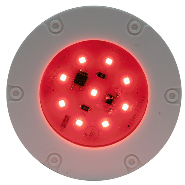 mini refletor led decorativo 9 leds lente vermelha led base branca ligado